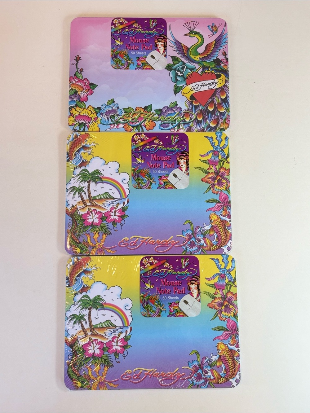 NEW Ed Hardy Lisa Frank Mouse Note Pad Lot of 3 Peacock Tropical Koi 50 Sheets